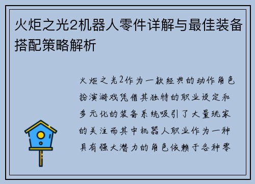 火炬之光2机器人零件详解与最佳装备搭配策略解析